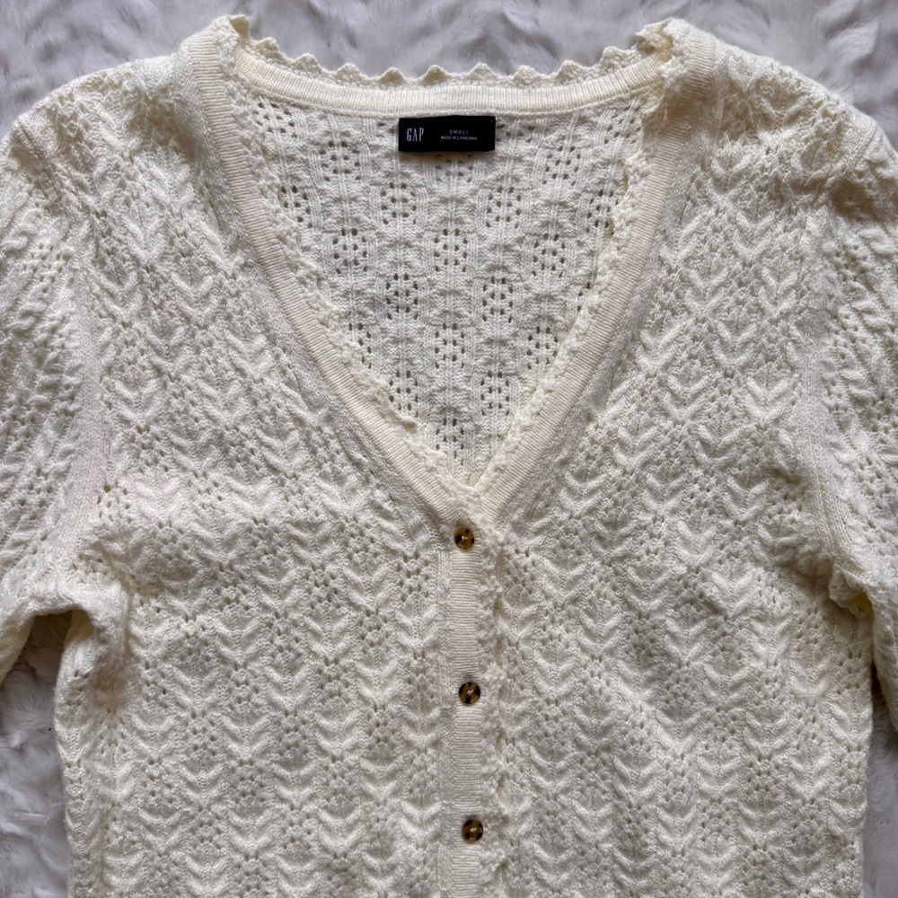 GAP CashSoft Pointelle Cardigan White Knit Coastal Grandma Size Small - Picture 5 of 7